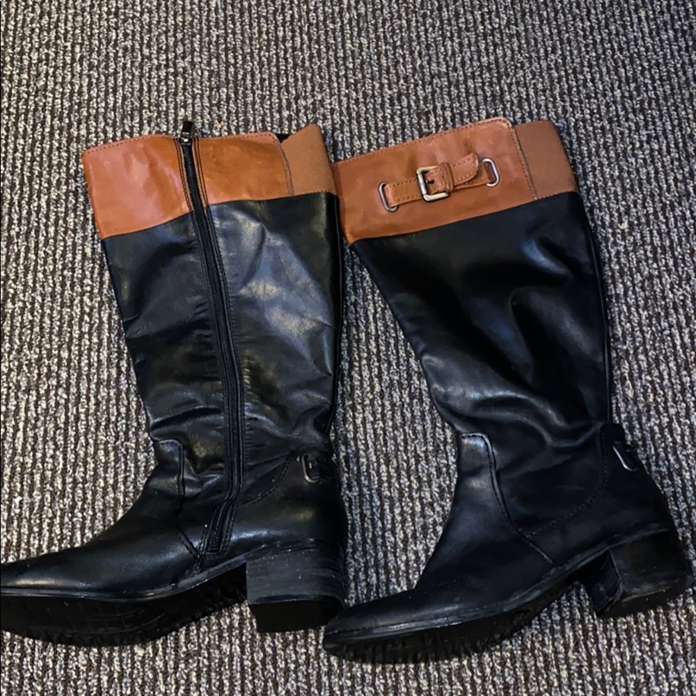 Brown and black color block riding boots